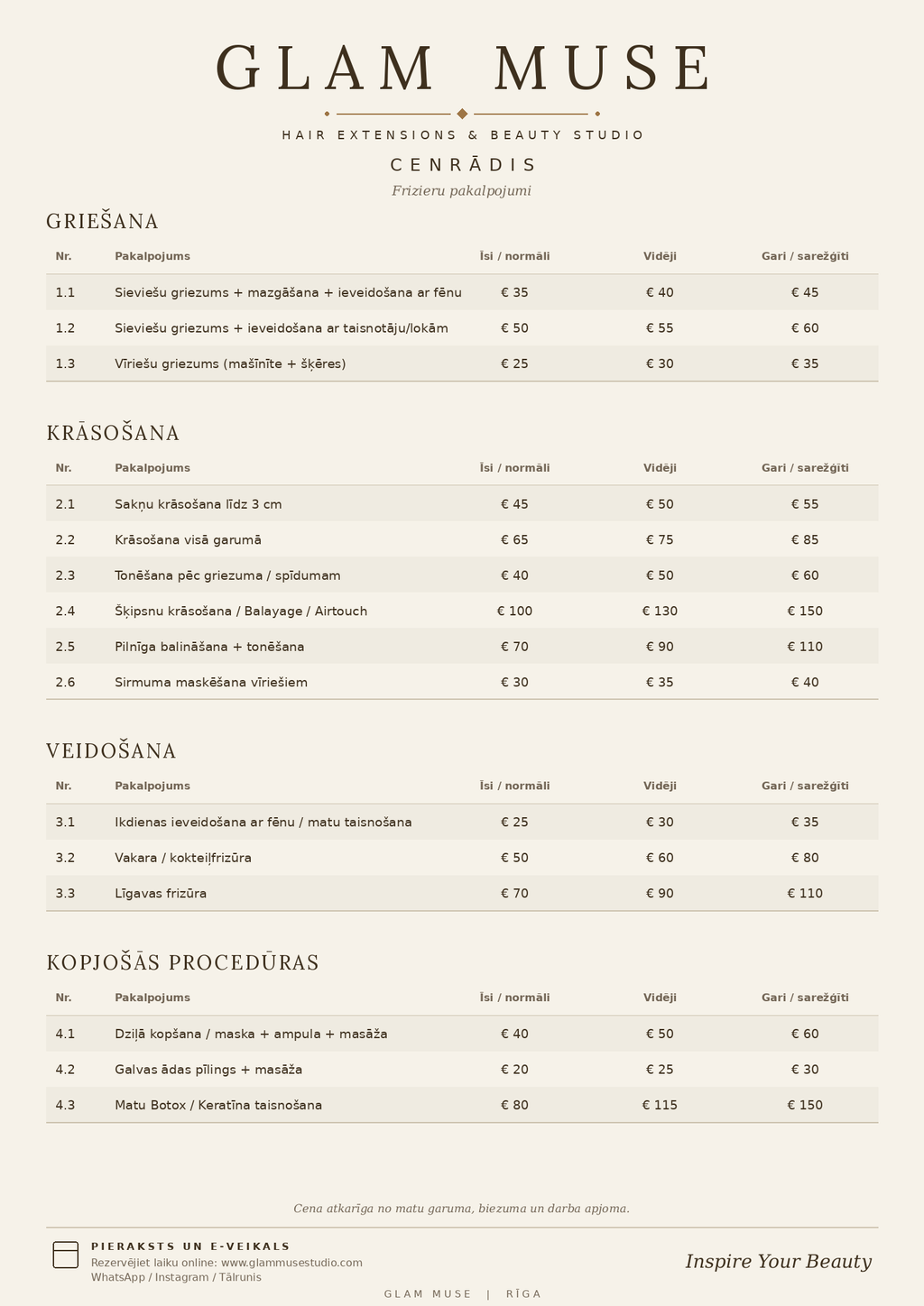 Friziera pakalpojumi pēc cenrāža, rezervē laiku!