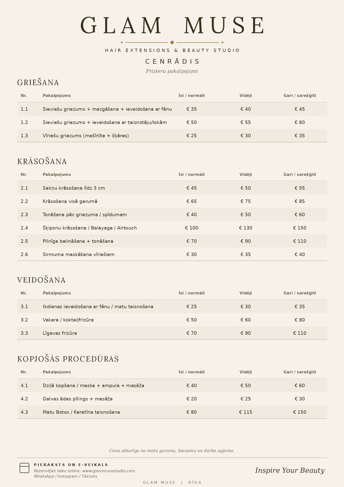 Friziera pakalpojumi pēc cenrāža, rezervē laiku!